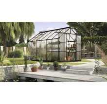 Kas in de tuin met planten en tuingereedschap
