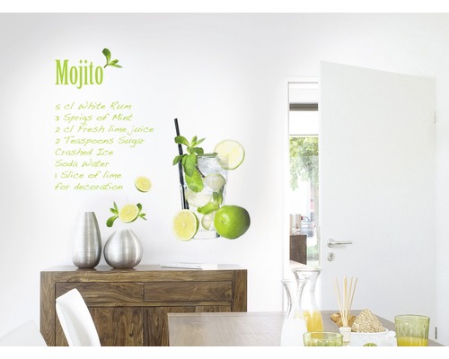 Muursticker met mojito recept en glasweergave in de woonkamer