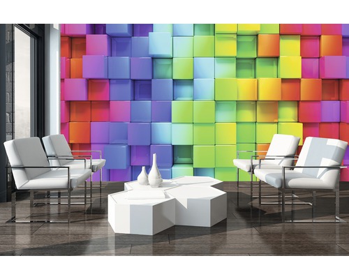 Fotobehang met kleurrijke kubussen en designmeubels in een heldere ruimte