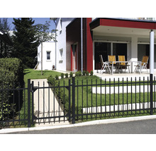 Tuinscene met een zwart metalen hek en poort voor een woonhuis.