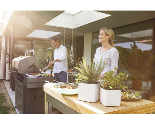 Terras met barbecue en kruiden in plantenbakken, mensen aan het barbecueën