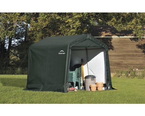 Groene tuintent met diverse tuingereedschappen en -meubelen