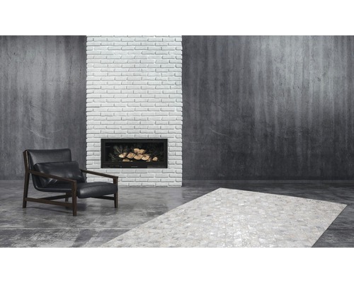 Woonkamer met fauteuil, open haard en tapijt