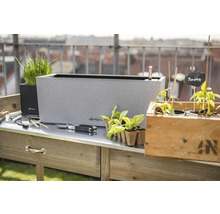 Scene met planttafel, plantenbakken en tuingereedschap voor buiten.