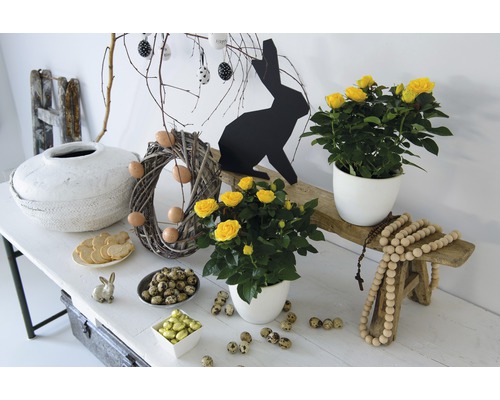 Feestelijke paasdecoratie met rozen, paaseieren en paashazen op een tafel.