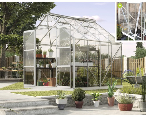 VITAVIA Tuinkas Jupiter 6700 veiligheidsglas 3 mm alu, 257x258x247,9 cm Tuinkas in de tuin met planten en tuingereedschap