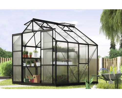 VITAVIA Tuinkas Jupiter 6700 polycarbonaat 6 mm zwart, 257x258x247,9 cm Broeikas met planken en tuingereedschap in de tuin.