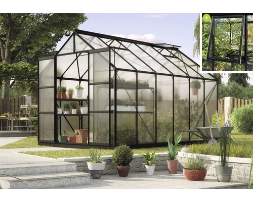 VITAVIA Tuinkas Jupiter 9900 polycarbonaat 4 mm zwart, 257x383x247,9 cm Tuinkas met rekken in de tuin.