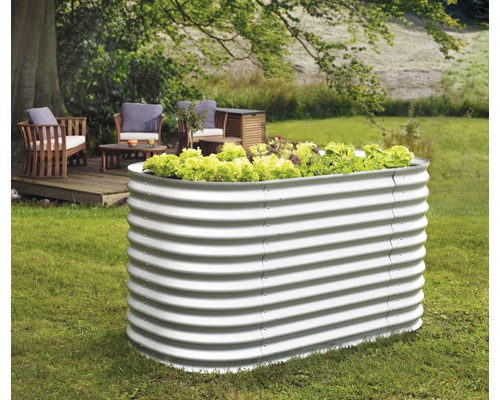 VITAVIA Verhoogde kweekbak Vita met slakbescherming 858 zilver 82x162x86 cm Metalen verhoogde tuinbak in een tuin met slabeplanting