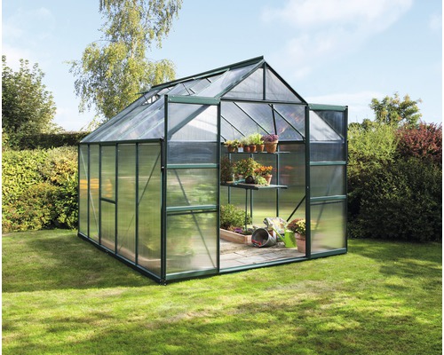 VITAVIA Tuinkas Meridian 2 8300 polycarbonaat 4 mm smaragd, 257x321x231,8 cm Tuinkas met open deur in de tuin