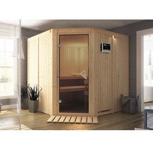 Houten sauna met glazen deur en digitaal bedieningspaneel in een badkamer.