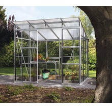 Kas met planten en tuingereedschap in de tuin.