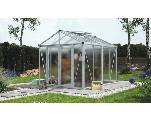 VITAVIA Tuinkas Zeus Comfort 8100 polycarbonaat 16 mm alu, 258,4x316,4x250,4 cm Glazen kas met planten in de tuin