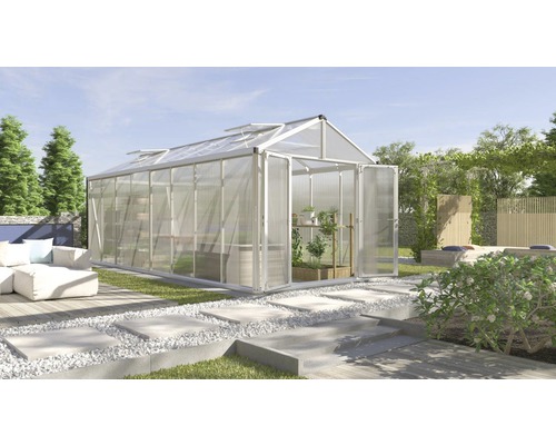 VITAVIA Tuinkas Zeus Comfort 15700 polycarbonaat 16 mm alu, 258,4x614x250,4 cm Polycarbonaat kas met open deuren in een tuin