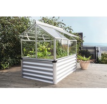 Kas met metalen verhoogde plantenbak en planten op een houten terras