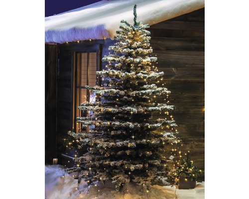 Sneeuw bedekte kerstboom met lichtjes voor een houten huis.