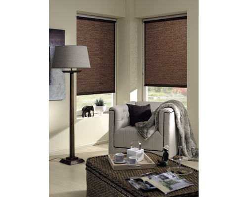 Woonkamer met bruine rolgordijnen voor de ramen, fauteuil, staande lamp en tafel