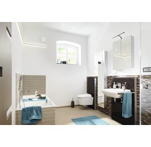 Lichte badkamer met bad, toilet, wastafel en spiegelkast