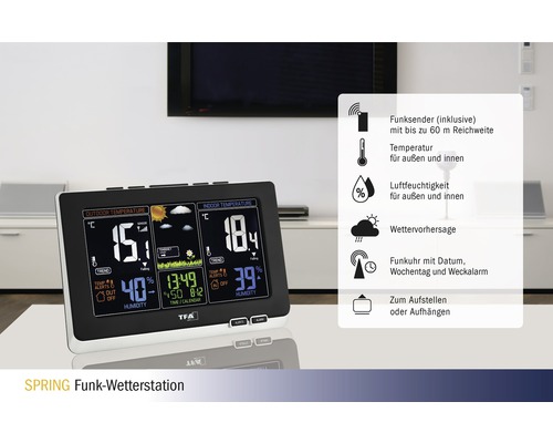 SPRING draadloos weerstation met weergave van binnen- en buitentemperatuur, luchtvochtigheid, weersvoorspelling en radiogestuurde klok