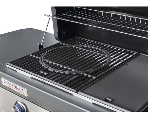 Campingaz logo. Grill met grillrooster en warmhoudrooster.