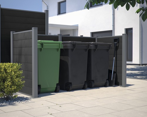 Kunststof afvalcontainerbox met drie afvalcontainers en schep