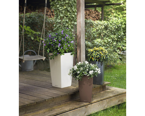 Drie hoge plantenbakken met kleurrijke bloemen op een houten terras