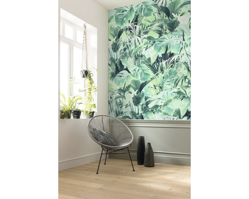 Gedecoreerde kamer met junglebehang, ronde stoel en kamerplanten