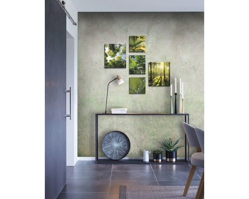 Decoratief interieur met een console, een selectie planten en een fotocollectie met natuurthema''s.