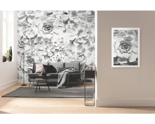 Woonkamer met fotobehang met succulentenmotief en ingelijste afbeelding