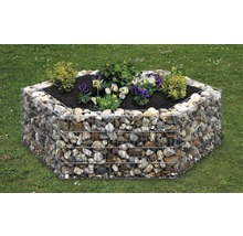 Zeshoekige schanskorf gevuld met stenen, beplant met bloemen en planten in de tuin.