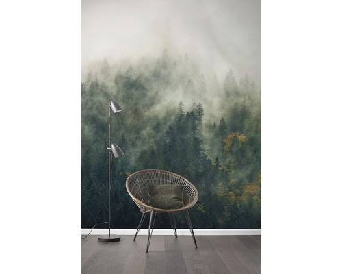 Scène met vliesbehang met een mistig bos, een stoel en een staande lamp