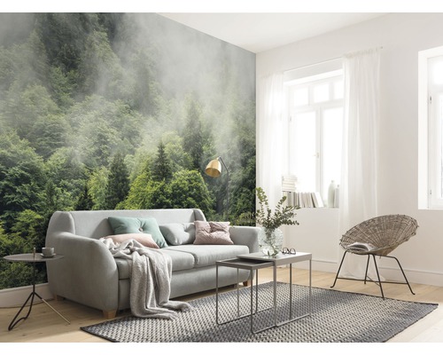 Woonkamer met fotobehang van een bos in de mist
