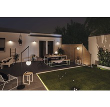 Verlichte tuin met eettafel, zitbank, bolvormige lampen, gazon en privacyscherm
