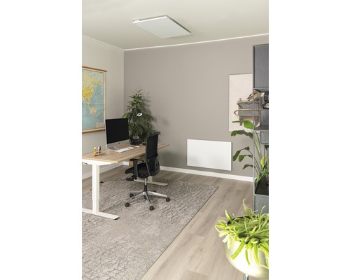 Kantoorruimte met plafondverwarming en wandverwarming, bureau, bureaustoel en kamerplanten