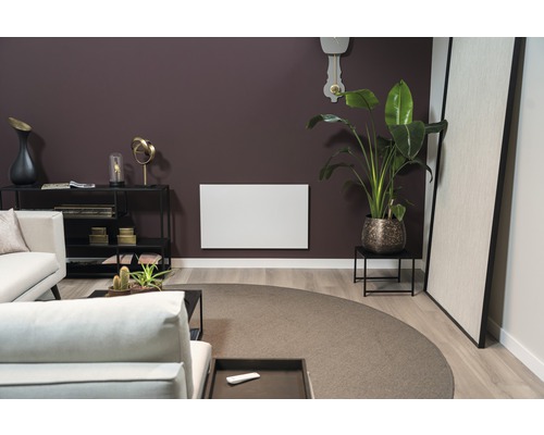 Woonkamer met bank, tafel, kamerplant en radiator