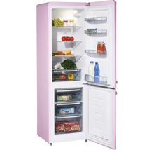 Open, roze koelkast gevuld met voedsel