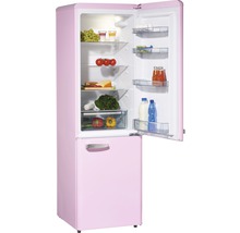 Roze koel-vriescombinatie met open deur en levensmiddelen