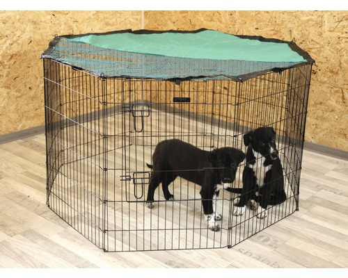 Draad puppyren met bovennet en twee puppy''s erin.