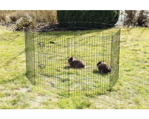 Metalen ren voor buiten met twee konijnen in de tuin.