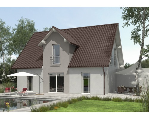 Huis met bruin dak, zwembad en terras