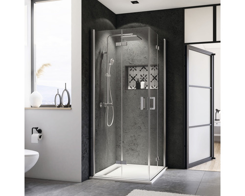 BREUER Douchecabine hoekinstap Panorama chroom 80x80 cm mat glas Moderne douchecabine met glazen wanden, douchekop en armaturen in een badkamer met grijze tegels.