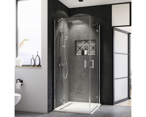 BREUER Douchecabine hoekinstap Panorama chroom 80x80 cm mat glas Moderne badkamer met douchecabine, handdouche en regendouchekop.