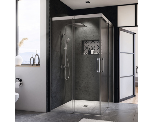 BREUER Douchecabine hoekinstap Panorama chroom 90x90 cm helder glas Inloopdouche met glazen wanden en grijze achterwand in een badkamer