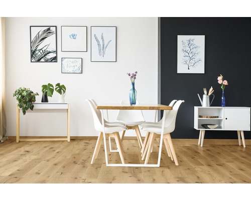 Eetkamer met eettafel, stoelen en decoraties in een lichte ruimte