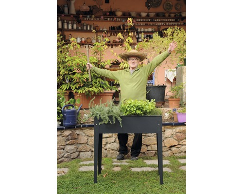 Een man met een strohoed staat achter een verhoogde plantenbak met planten in de tuin.