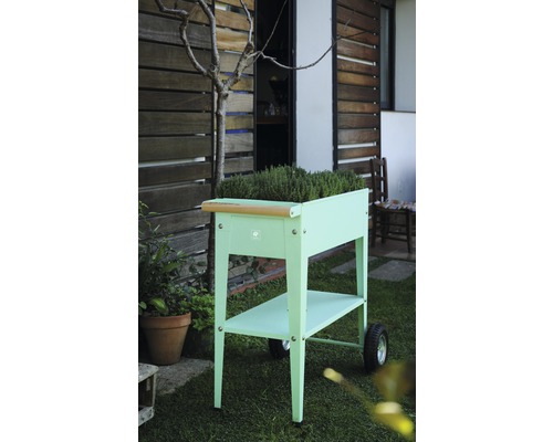 Verhoogde tuinbak op wielen met plank in de tuin