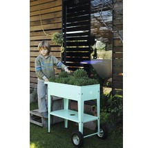 Een jongen staat naast een rolbare plantenbak in de tuin.