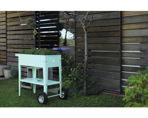 Verhoogde plantenbak op wielen in de tuin