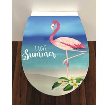 "Toiletdeksel met flamingo motief en de tekst ""I love Summer"" voor een zomerse badkamer"