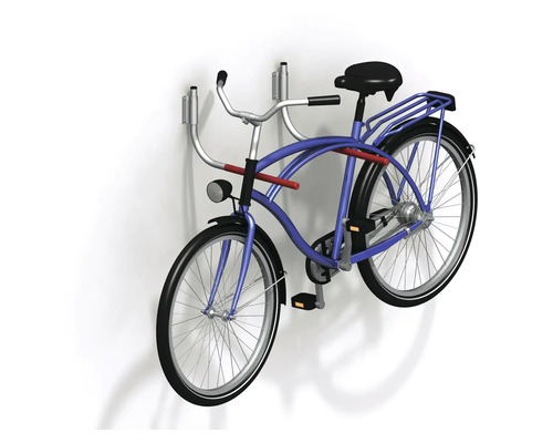 Blauwe fiets aan een wandhouder voor fietsen